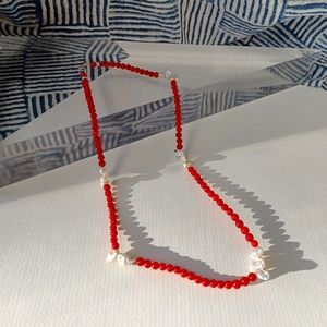 New red coral with freshwater pearl and sterling silver necklace
